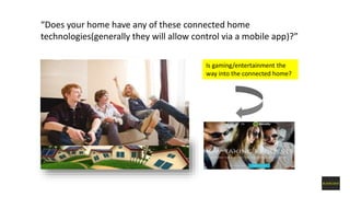 “Does your home have any of these connected home
technologies(generally they will allow control via a mobile app)?”
Is gaming/entertainment the
way into the connected home?
 