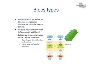 Blocs types	
  
•    Une	
  applica+on	
  qui	
  tourne	
  en	
  
     tâche	
  de	
  fond	
  et	
  qui	
  ne	
  
     requière	
  par	
  d'interface	
  est	
  un	
  
     Service.	
  
•    Un	
  cycle	
  de	
  vie	
  diﬀérent	
  selon	
  
     la	
  façon	
  dont	
  il	
  a	
  été	
  lancé	
  
•    Exécuté	
  sur	
  le	
  thread	
  principal	
  
     sauf	
  si	
  spéciﬁé	
  autrement:	
  
      –  Tâches	
  longues	
  doivent	
  être	
  dans	
  
         un	
  thread	
  à	
  part	
  
      –  Priorité	
  basse	
  sauf	
  spéciﬁé	
             Service	
  
         autrement	
  
 