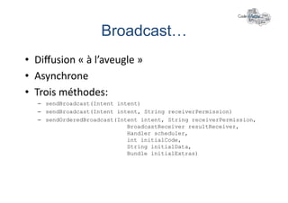 Broadcast…	
  
•  Diﬀusion	
  «	
  à	
  l’aveugle	
  »	
  
•  Asynchrone	
  
•  Trois	
  méthodes:	
  
    –  sendBroadcast(Intent intent)
    –  sendBroadcast(Intent intent, String receiverPermission)
    –  sendOrderedBroadcast(Intent intent, String receiverPermission,
                               BroadcastReceiver resultReceiver,
                               Handler scheduler,
                               int initialCode,
                               String initialData,
                               Bundle initialExtras)
 