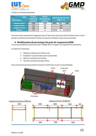 Mathieu Costille
15
J’ai faitun inventaire despièces:
Poutre
vertical de
portique
Poutre
horizontal de
portique
Rail horizontal de voie
(KBK ll - L)
Hauteur (mm) 3700 5200 4000 5000 6400
Largeur (mm) 115 80 100
Longueur (mm) 120 162 165
Nombre 10 4 2 5 1
Il existe d’autressystèmesde levage pourbarre d’aciermaisnousavonschoisi d’utilisercelui-ci carle
prix de ce système estélevédoncil fallaitaumaximumréutiliserce que nousavionsdéjà.
Modélisationdu prototype du pont de suspensionKBK
J’ai ensuite modélisé unpontqui puisse s’intégrerdans le magasin enrespectantlescontraintes.
Le palonnierne doitpas:
 Dépasserlaligne jaune tracée ausol.
 Empêcherl’ouverturede laporte sectionnelle.
 Gênerà l’utilisationduFenwick.
 Toucherle portique de plate-forme.
Voici commentle pontpourraitêtre monté etinstallé avecce que l’onpossèdedéjà:
Palan
Longueur de poutre 3 400 mm Longueur de voie 15 300 mm
5000 5000 3005000
5000 5000 5300
3400
Voies Poutre de
pont
Type
Dimensions
Portiques
 