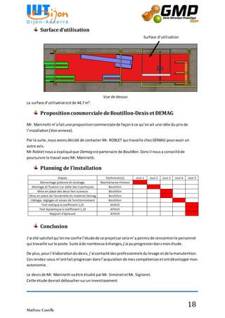 Mathieu Costille
18
Surface d’utilisation
La surface d’utilisationestde 44,7 m².
Propositioncommerciale de Boutillon-Dexis et DEMAG
Mr. Maninetti m’afaitune propositioncommercialede façonà ce qu’onait une idée du prix de
l’installation (Voirannexe).
Par la suite,nousavonsdécidé de contacter Mr. ROBLET qui travaille chezDEMAG pouravoirun
autre avis.
Mr.Robletnousa expliquéque Demag estpartenaire de Boutillon.Doncil nousa conseilléde
poursuivre le travail avecMr.Maninetti.
Planning de l’installation
Conclusion
J’ai été satisfaitqu’onme confie l’étudede ce projetcar celam’a permis de rencontrerle personnel
qui travaille surle poste.Suite àde nombreux échanges,j’ai puprogresserdansmonétude.
De plus,pourl’élaborationdudevis,j’aicontacté desprofessionnelsdulevage etde lamanutention.
Cesrendez-vousm’ontfaitprogresserdansl’acquisitionde mes compétences etontdéveloppé mon
autonomie.
Le devisde Mr. Maninetti vaêtre étudié parMr. SimonetetMr. Signoret.
Cette étude devraitdébouchersuruninvestissement.
Surface d’utilisation
Vue de dessus
 