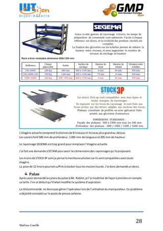 Mathieu Costille
28
L’étagère actuelle comprend3colonnesde 8 niveaux et1niveauplusgrandau-dessus.
Les casiersfont500 mm de profondeur, 1200 mm de longueuret205 mm de hauteur.
Le rayonnage SEGEMA esttrop grand pourremplacerl’étagère actuelle.
J’ai faitune demande àSETAM pouravoir lesdimensionsdes rayonnagesqu’ilsproposent.
Les tiroirsde STOCK3P sont je pense lameilleuresolutioncarilssontcompatiblesavectoute
étagère.
La pose de 12 tiroirspourraitsuffire àstocker touslesmouleslourds. J’ai doncdemandéundevis.
Palan
Aprèsavoirdemandé lesplansdupalanà Mr. Roblet,je l’ai modélisé de façonàprendre encompte
sa taille.J’enai déduitqu’il fallaitmodifierle système d’aspiration.
La télécommande ne devrapasgênerl’opérateurlorsde l’utilisationdumanipulateur.Ce problème
a déjàété constaté sur le poste de presse carbone.
Grace à cette gamme de rayonnage à tiroirs, les temps de
préparation de commande sont optimisés: l'accès à chaque
référence est direct, et la visibilité des produits stockés est
complète.
La fixation des glissières sur les échelles permet de réduire la
hauteur entre niveaux, et ainsi augmenter le nombre de
niveaux de stockage en hauteur.
Les tiroirs Pick up sont compatibles avec tous types et
toutes marques de rayonnages.
Ils reposent sur les lisses du rayonnage et sont fixés aux
lisses arrière par des étriers adaptés aux sections des lisses.
Plateaux constitués de profilés en acier galvanisé fixés
jointifs aux glissières d'extraction.
DIMENSIONS STANDARDS :
Façade des plateaux: 600 à 2400 mm tous les 100 mm
Profondeur des plateaux : 800 / 1000 / 1200 / 1600 mm
 