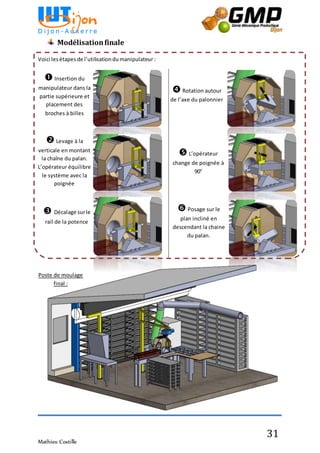 Mathieu Costille
31
Modélisationfinale
Voici lesétapesde l’utilisationdumanipulateur :
Insertion du
manipulateur dans la
partie supérieure et
placement des
broches à billes
Levage à la
verticale en montant
la chaîne du palan.
L’opérateur équilibre
le système avec la
poignée
 Décalage surle
rail de la potence
Rotation autour
de l’axe du palonnier
L’opérateur
change de poignée à
90°
Posage sur le
plan incliné en
descendant la chaine
du palan.
Poste de moulage
final :
 