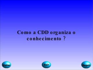 Como a CDD organiza o conhecimento ? Voltar Seguir Sair 