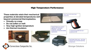 Stronger Solutions
These materials retain their mechanical
properties at elevated temperatures well
beyond commercial thermoplastics.
 Virtually no creep
 Do not soften or melt
 Very high ignition temperature
 Are thermal insulators
High Temperature Performance
Oven Trays for Re-therm food
preparation
Small Engine Valve Cover – low creep,
maintains seal at elevated operating
temperatures
Commercial Hot-Melt Glue Gun –
operates at 350
Heated Products are a natural
application for Thermoset
Composites - with high
temperature and low flammability
requirements
 