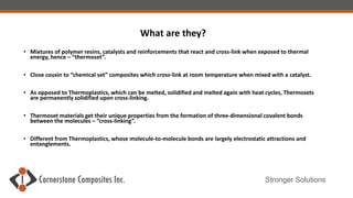 Stronger Solutions
What are they?
• Mixtures of polymer resins, catalysts and reinforcements that react and cross-link when exposed to thermal
energy, hence – “thermoset”.
• Close cousin to “chemical set” composites which cross-link at room temperature when mixed with a catalyst.
• As opposed to Thermoplastics, which can be melted, solidified and melted again with heat cycles, Thermosets
are permanently solidified upon cross-linking.
• Thermoset materials get their unique properties from the formation of three-dimensional covalent bonds
between the molecules – “cross-linking”.
• Different from Thermoplastics, whose molecule-to-molecule bonds are largely electrostatic attractions and
entanglements.
 
