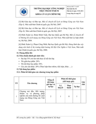 Mã hoá:HS/7.5.1a/ĐT
                       TRƯỜNG ĐẠI HỌC CÔNG NGHIỆP                  Ban hành lần: 06
                           THỰC PHẨM TP.HCM                        Hiệu lực từ ngày: 15-01-2011
                                                                   Trang/ tổng số trang:3/2
                         KHOA LÝ LUẬN CHÍNH TRỊ


     [3] Bộ Giáo dục và Đào tạo, Một số chuyên đề Lịch sử Đảng Cộng sản Việt Nam
     (Tập I), Nhà xuất bản Chính trị quốc gia, Hà Nội, 2007.
     [4] Bộ Giáo dục và Đào tạo, Một số chuyên đề Lịch sử Đảng Cộng sản Việt Nam
     (Tập II), Nhà xuất bản Chính trị quốc gia, Hà Nội, 2007.
     [5] Đinh Xuân Lý, Đoàn Minh Tuấn, Đại học Quốc gia Hà Nội, Một số chuyên đề
     về Đường lối cách mạng của Đảng Cộng sản Việt Nam, Nhà xuất bản Lý luận chính
     trị, Hà Nội, 2008.
     [6] Đinh Xuân Lý, Phạm Công Nhất, Đại học Quốc gia Hà Nội, Đảng lãnh đạo xây
     dựng nền kinh tế thị trường định hướng Xã Hội Chủ Nghĩa ở Việt Nam, Nhà xuất
     bản Chính trị quốc gia, Hà Nội, 2008.
 11. Thang điểm thi:
 12. Tiêu chuẩn đánh giá sinh viên:
   ─ Dự lớp:75% trở lên tính theo số tiết lên lớp.
   ─ Thi giữa học phần: 30%
   ─ Thi kết thúc học phần: 50%
   ─ Các yêu cầu khác: 20% (Thảo luận theo nhóm, tiểu luận, khác ….)
 13. Nội dung học phần:
 13.1. Phân bố thời gian các chương trong học phần:


                                                             Phân bố thời gian
                                         Tổng số
                                         tiết hoặc            (tiết hoặc giờ)                 Ghi
TT             Tên chương
                                        giờ học và                                            chú
                                                         Lý        Thực
                                           tự học                              Tự học
                                                       thuyết      hành
      Chương mở đầu: Đối tượng,
      nhiệm vụ và phương pháp
1     nghiên cứu môn đường lối cách          2           1            0            1
      mạng của Đảng Cộng sản Việt
      Nam.




 Đề cương học phần – Hệ : Cao đẳng ngành Kinh tế, Kỹ thuật                                    3
 