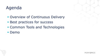 2
Agenda
 Overview of Continuous Delivery
 Best practices for success
 Common Tools and Technologies
 Demo
 