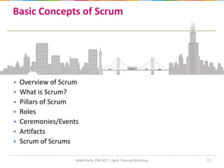 13
 Overview of Scrum
 What is Scrum?
 Pillars of Scrum
 Roles
 Ceremonies/Events
 Artifacts
 Scrum of Scrums
Basic Concepts of Scrum
Majid Rafiq, PMI-ACP | Agile Training Workshop
 