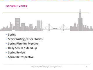 25
 Sprint
 Story Writing / User Stories
 Sprint Planning Meeting
 Daily Scrum / Stand-up
 Sprint Review
 Sprint Retrospective
Scrum Events
Majid Rafiq, PMI-ACP | Agile Training Workshop
 