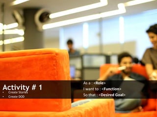 Activity # 1• Create Stories
• Create DOD
As a : <Role>
I want to : <Function>
So that : <Desired Goal>
 