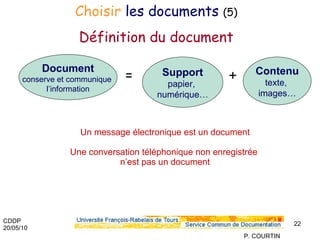   Un message électronique est un document Une conversation téléphonique non enregistrée  n’est pas un document Choisir  les documents   (5) Définition du document Support papier,  numérique… Contenu texte,  images… Document conserve et communique  l’information = + 