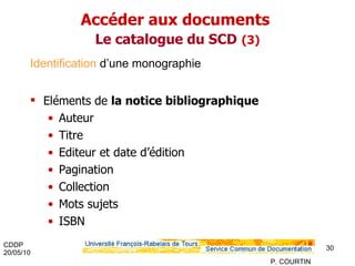 Identification  d’une monographie Eléments de  la notice bibliographique Auteur Titre Editeur et date d’édition Pagination Collection Mots sujets ISBN  Accéder aux documents  Le catalogue du SCD   (3) 