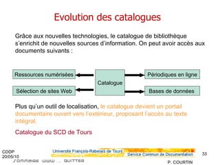Evolution des catalogues Grâce aux nouvelles technologies, le catalogue de bibliothèque s’enrichit de nouvelles sources d’information. On peut avoir accès aux documents suivants : Plus qu’un outil de localisation,  le catalogue devient un portail documentaire ouvert vers l’extérieur, proposant l’accès au texte intégral. Catalogue du SCD de Tours Catalogue Ressources numérisées Sélection de sites Web Périodiques en ligne Bases de données  