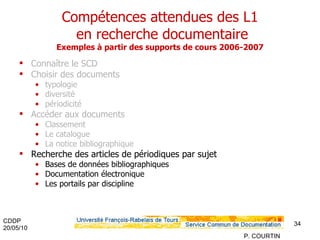 Compétences attendues des L1  en recherche documentaire Exemples à partir des supports de cours 2006-2007 Connaître le SCD Choisir des documents typologie diversité périodicité Accéder aux documents Classement Le catalogue La notice bibliographique Recherche des articles de périodiques par sujet Bases de données bibliographiques Documentation électronique Les portails par discipline  