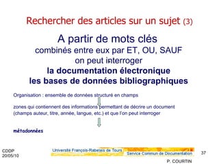 Rechercher des articles sur un sujet  (3) . A partir de mots clés   combinés entre eux par ET, OU, SAUF on peut interroger la documentation électronique les bases de données bibliographiques Organisation : ensemble de données structuré en champs zones qui contiennent des informations permettant de décrire un document  (champs auteur, titre, année, langue, etc.) et que l’on peut interroger   métadonnées 