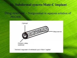 b). Subdermal syncro-Mate-C implant

Drug reservoir – Norgestomet in aqueous solution of
    PEG400.




                                                 31
 