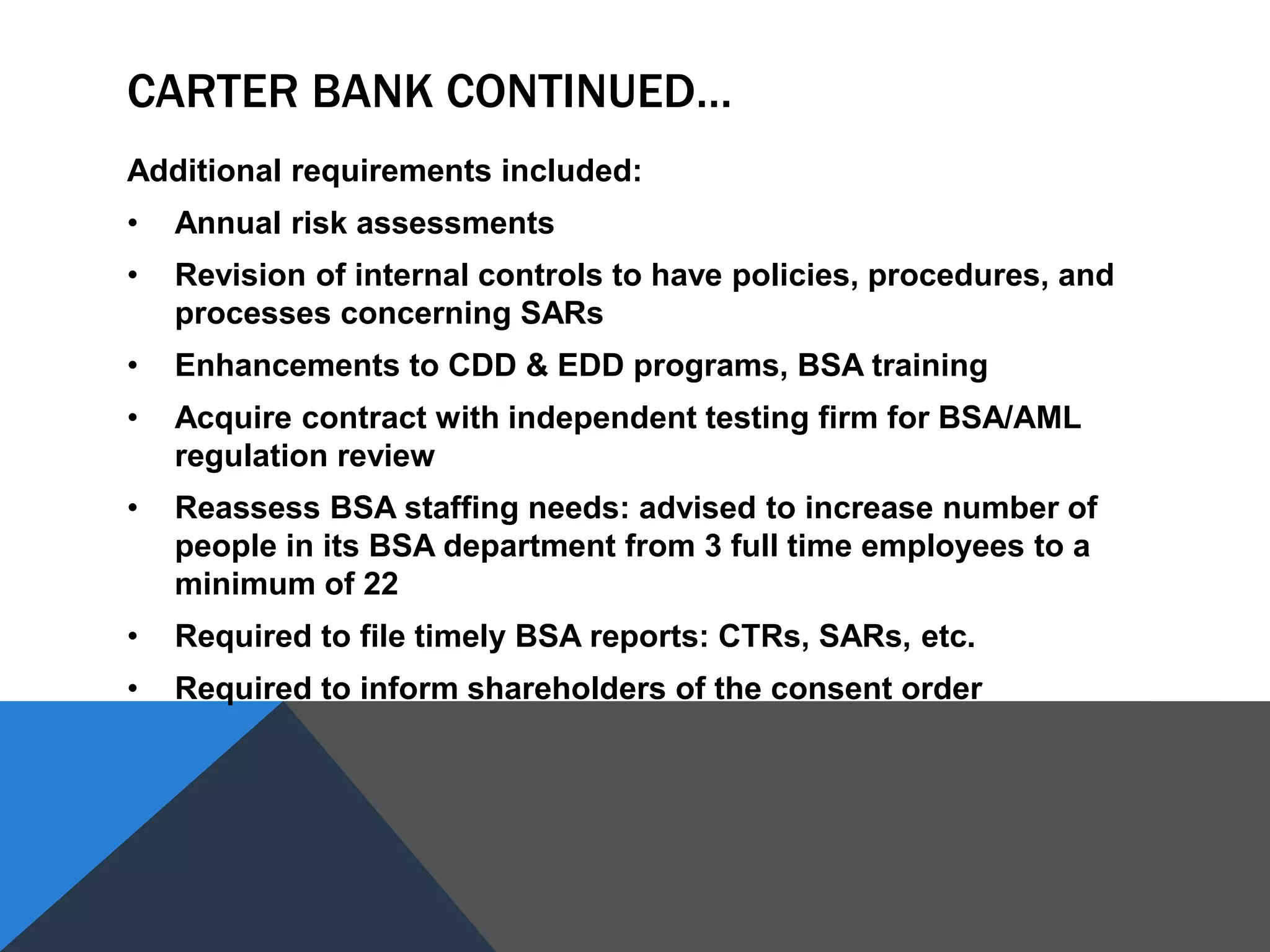 CARTER BANK CONTINUED…
Additional requirements included:
• Annual risk assessments
• Revision of internal controls to have policies, procedures, and
processes concerning SARs
• Enhancements to CDD & EDD programs, BSA training
• Acquire contract with independent testing firm for BSA/AML
regulation review
• Reassess BSA staffing needs: advised to increase number of
people in its BSA department from 3 full time employees to a
minimum of 22
• Required to file timely BSA reports: CTRs, SARs, etc.
• Required to inform shareholders of the consent order
 