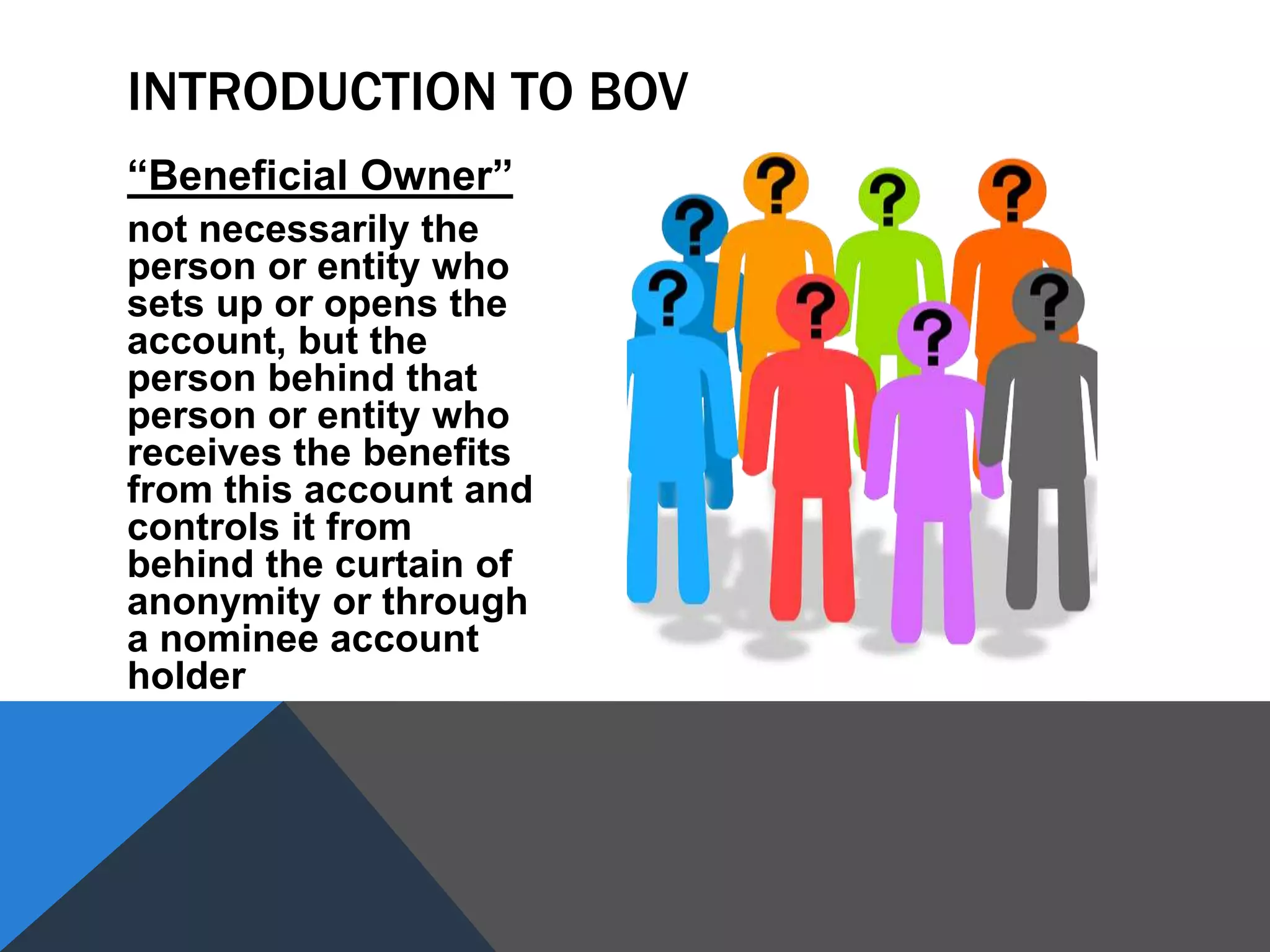 “Beneficial Owner”
not necessarily the
person or entity who
sets up or opens the
account, but the
person behind that
person or entity who
receives the benefits
from this account and
controls it from
behind the curtain of
anonymity or through
a nominee account
holder
INTRODUCTION TO BOV
 