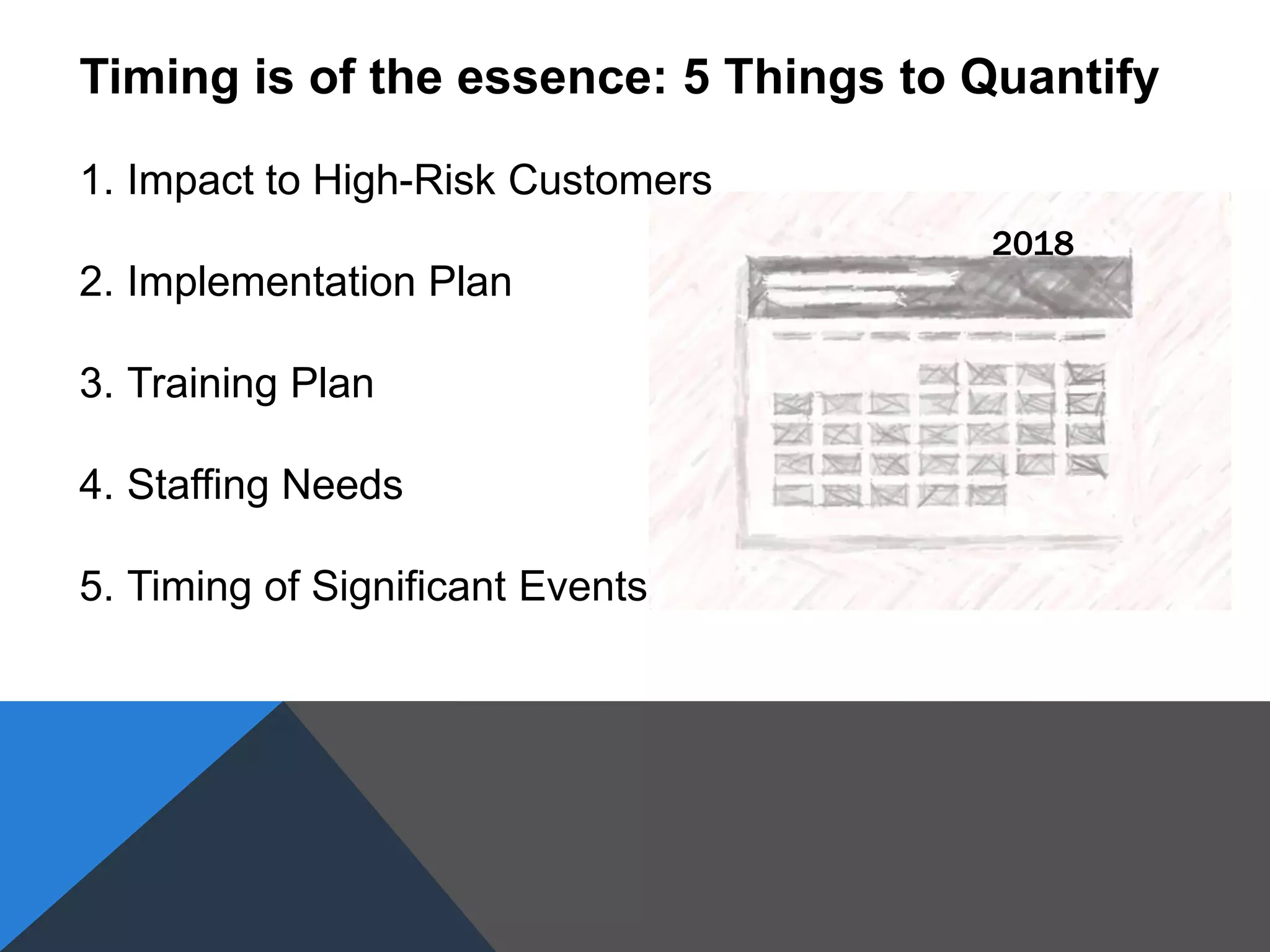 2018
Timing is of the essence: 5 Things to Quantify
1. Impact to High-Risk Customers
2. Implementation Plan
3. Training Plan
4. Staffing Needs
5. Timing of Significant Events
 