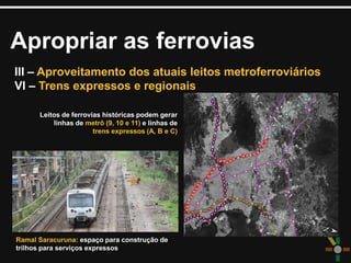 Apropriar as ferrovias
III – Aproveitamento dos atuais leitos metroferroviários
VI – Trens expressos e regionais
Ramal Saracuruna: espaço para construção de
trilhos para serviços expressos
Leitos de ferrovias históricas podem gerar
linhas de metrô (9, 10 e 11) e linhas de
trens expressos (A, B e C)
 
