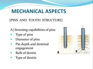 MECHANICAL ASPECTS
[PINS AND TOOTH STRUCTURE]
A] Stressing capabilities of pins
 Type of pins
 Diameter of pins
 Pin depth and dentinal
engagement
 Bulk of dentin
 Type of dentin
 