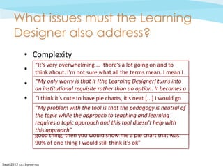 What issues must the Learning
      Designer also address?
             • Complexity
                   “It’s very overwhelming … there’s a lot going on and to
             • Potentially a not sure what all the terms mean. I mean I
                think about. I’m tool of management control
                   don’t understand the difference between production and
             • Interpretabilityaof analysis OKDesigner]Itturnssee a
                “My only worry is that it [the Learning
                practice. Let’s have look *…+ Yes – an–option. Yes I
                an institutional requisite rather than
                                                                      into
                                                        I get it. becomes
             • Thedifference.tool,have pie charts, it'syoufocusI wouldwithit
                the
                measurement Probably we needusefulmore*...+ here tool
                “I think it's cute to rather than a
                                                    a bit      help
                      need for a topic-orientedorganisationaltool
                explanations and examples. But once
                                                          neat
                                                             get into the
                                                                          go
                   that allows some critical self reflectionmy time because I
                                                                on practice. I know
                   back problem withmy stuff, is that the pedagogy is neutral of
                   “My thedifficult” the tool reorganise once out there, can
                         and squidge
                   isn’t so goal is the latter, but software,
                   that know that it would be a good thing to have a mix of
                   would while the approach to teaching and learning
                   the topicso seductive to gather information for
                   become
                   all of these things (i.e. forms of learning). But that's with
                   requires a topic approach and this tool doesn’t help because
                   departments, policy makers, etc, and the information that is
                   I think it's a good thing. If I didn't believe that this was a
                   this approach”
                   produced is then you woulduseful for individual that was
                   good thing, probably ONLY show me a pie chart
                   teachers, not education ministers, etc” ok”
                   90% of one thing I would still think it's


Sept 2012 cc: by-nc-sa
 