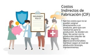 Costos
Indirectos de
Fabricación (CIF)
• Son los costos que no se
pueden asignar
directamente a un
producto, pero que son
necesarios para la
producción. Se dividen en:
Fijos: No varían con la
producción (alquiler de
fábrica, seguros,
depreciación).Variables:
Cambian según el nivel de
producción (energía,
mantenimiento)
 