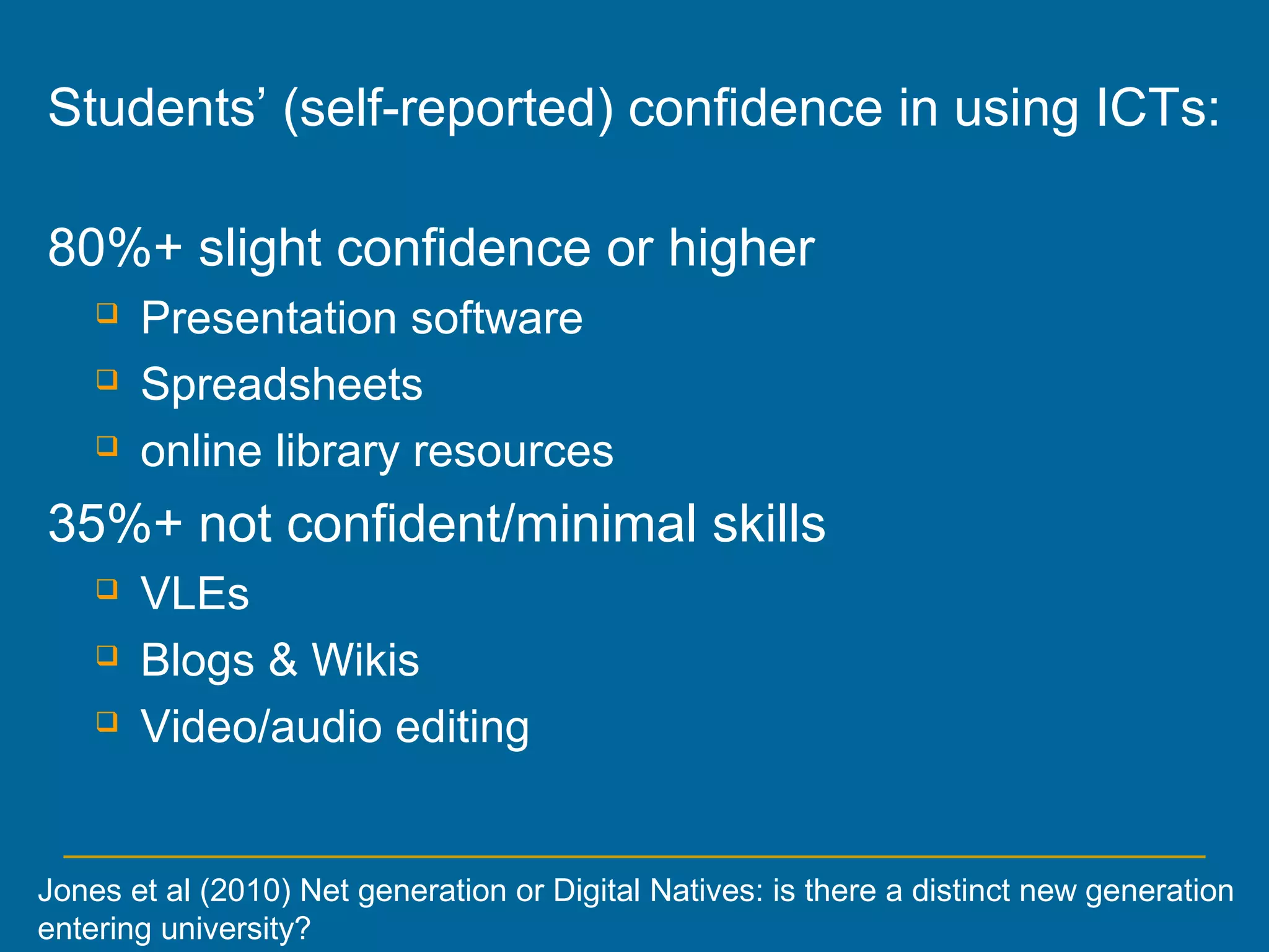 Students’ (self-reported) confidence in using ICTs:
80%+ slight confidence or higher
 Presentation software
 Spreadsheets
 online library resources
35%+ not confident/minimal skills
 VLEs
 Blogs & Wikis
 Video/audio editing
Jones et al (2010) Net generation or Digital Natives: is there a distinct new generation
entering university?
 