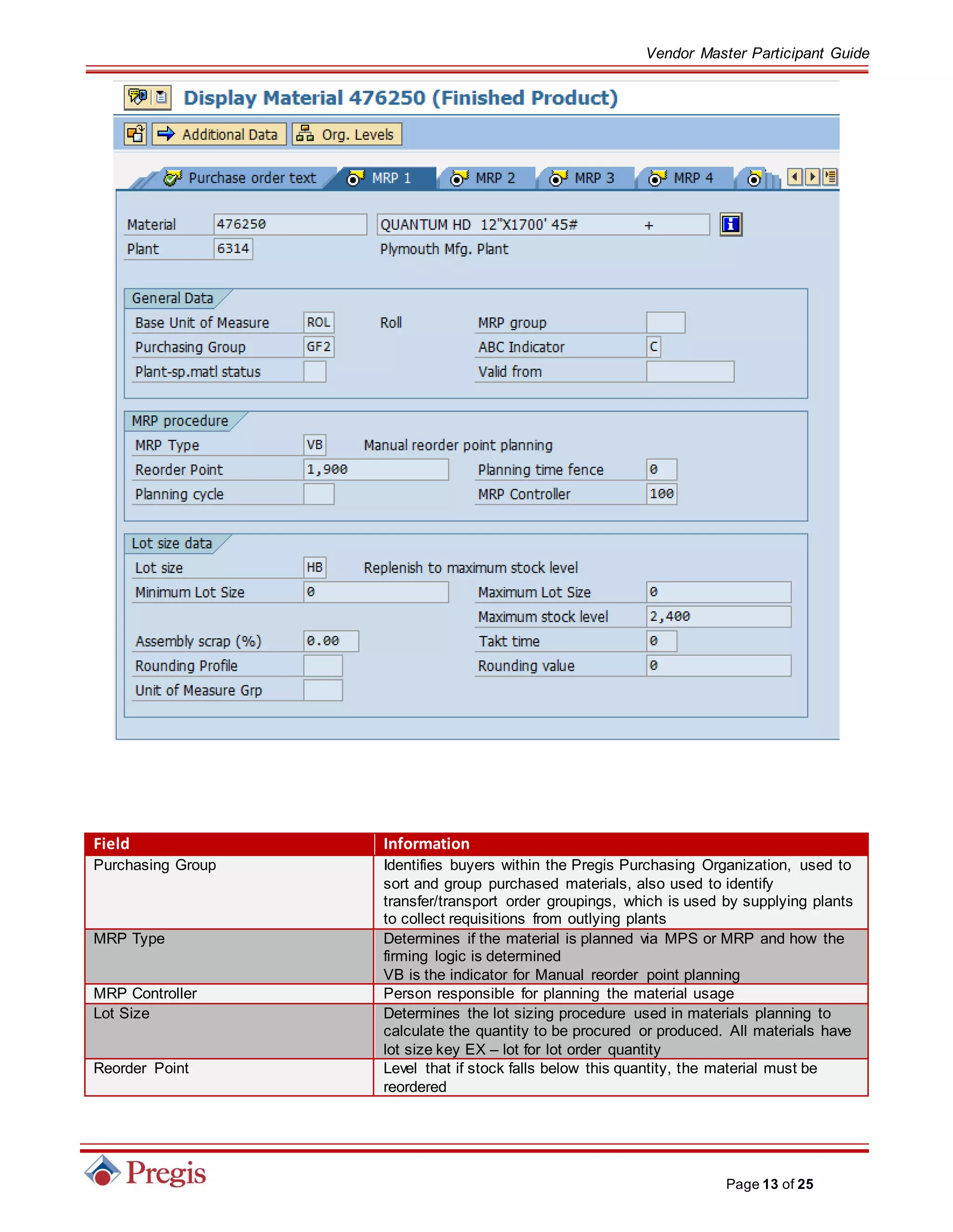 Vendor Master Participant Guide
Page 13 of 25
Field Information
Purchasing Group Identifies buyers within the Pregis Purchasing Organization, used to
sort and group purchased materials, also used to identify
transfer/transport order groupings, which is used by supplying plants
to collect requisitions from outlying plants
MRP Type Determines if the material is planned via MPS or MRP and how the
firming logic is determined
VB is the indicator for Manual reorder point planning
MRP Controller Person responsible for planning the material usage
Lot Size Determines the lot sizing procedure used in materials planning to
calculate the quantity to be procured or produced. All materials have
lot size key EX – lot for lot order quantity
Reorder Point Level that if stock falls below this quantity, the material must be
reordered
 