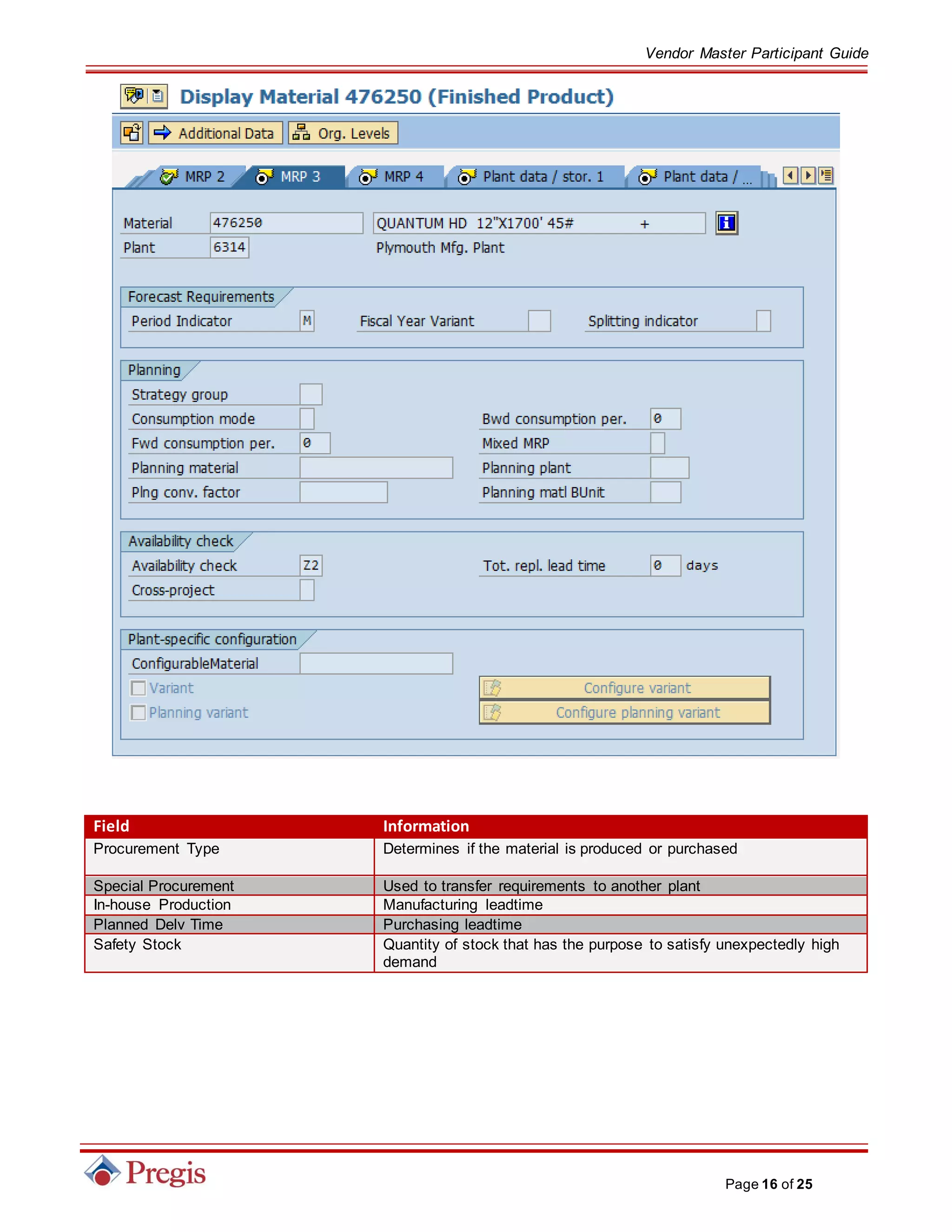 Vendor Master Participant Guide
Page 16 of 25
Field Information
Procurement Type Determines if the material is produced or purchased
Special Procurement Used to transfer requirements to another plant
In-house Production Manufacturing leadtime
Planned Delv Time Purchasing leadtime
Safety Stock Quantity of stock that has the purpose to satisfy unexpectedly high
demand
 