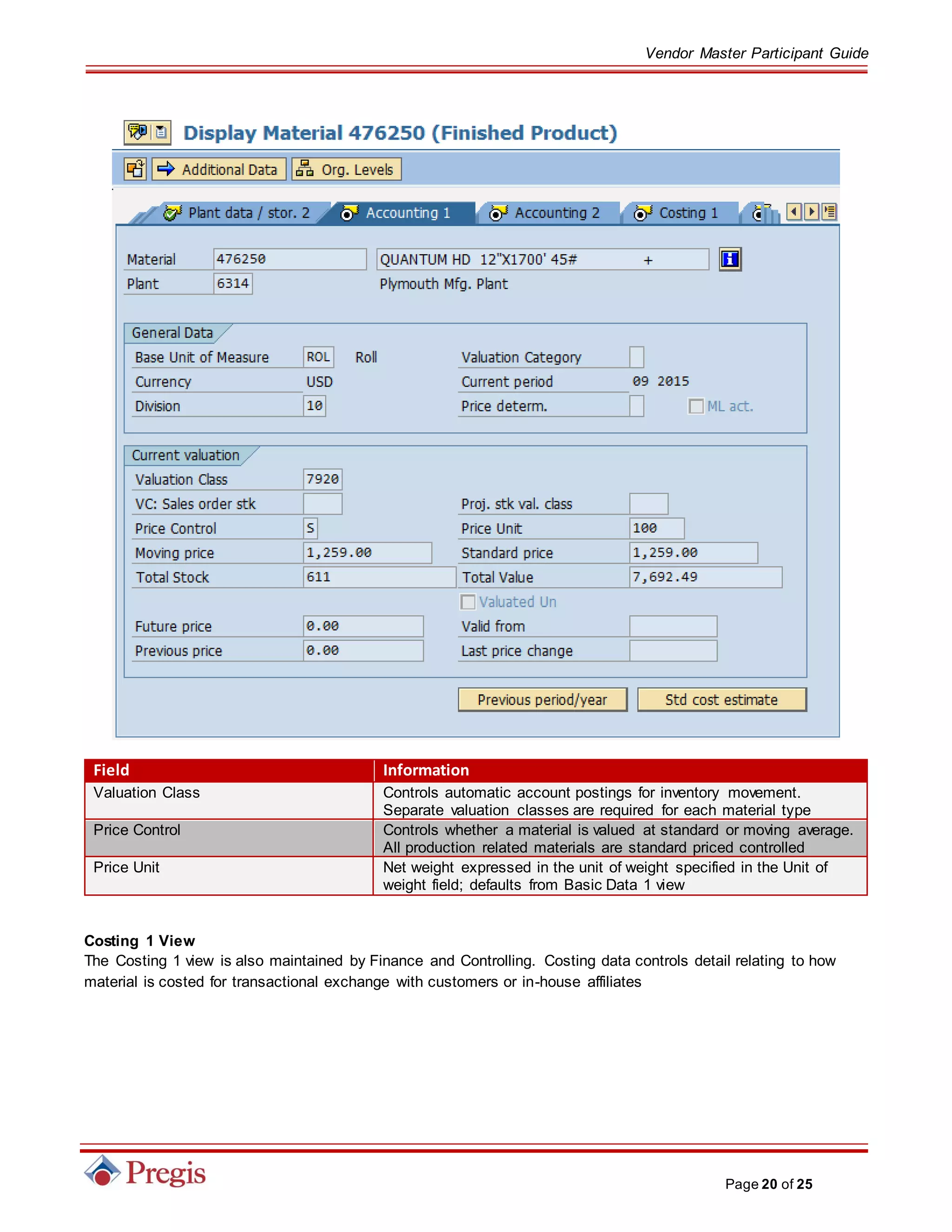 Vendor Master Participant Guide
Page 20 of 25
Field Information
Valuation Class Controls automatic account postings for inventory movement.
Separate valuation classes are required for each material type
Price Control Controls whether a material is valued at standard or moving average.
All production related materials are standard priced controlled
Price Unit Net weight expressed in the unit of weight specified in the Unit of
weight field; defaults from Basic Data 1 view
Costing 1 View
The Costing 1 view is also maintained by Finance and Controlling. Costing data controls detail relating to how
material is costed for transactional exchange with customers or in-house affiliates
 