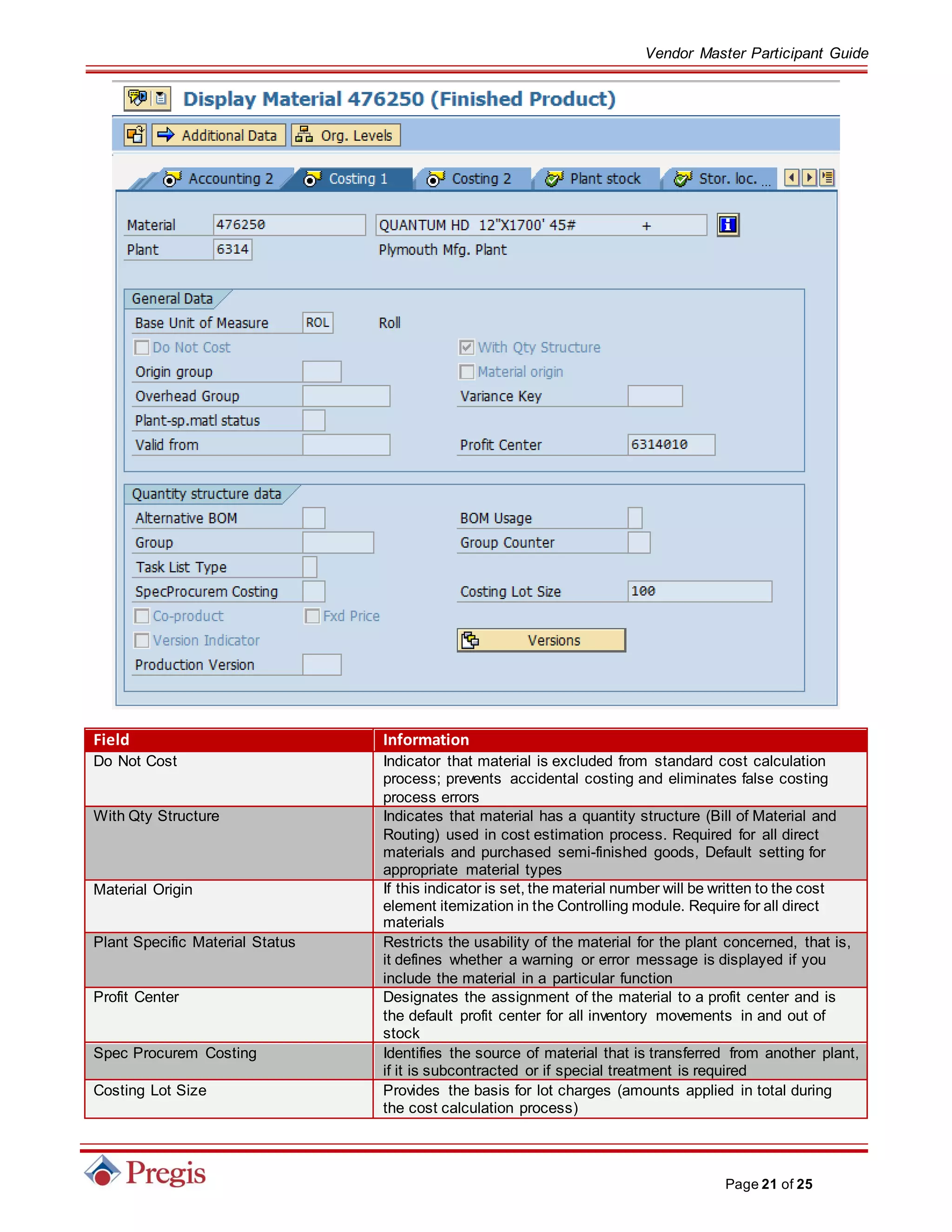 Vendor Master Participant Guide
Page 21 of 25
Field Information
Do Not Cost Indicator that material is excluded from standard cost calculation
process; prevents accidental costing and eliminates false costing
process errors
With Qty Structure Indicates that material has a quantity structure (Bill of Material and
Routing) used in cost estimation process. Required for all direct
materials and purchased semi-finished goods, Default setting for
appropriate material types
Material Origin If this indicator is set, the material number will be written to the cost
element itemization in the Controlling module. Require for all direct
materials
Plant Specific Material Status Restricts the usability of the material for the plant concerned, that is,
it defines whether a warning or error message is displayed if you
include the material in a particular function
Profit Center Designates the assignment of the material to a profit center and is
the default profit center for all inventory movements in and out of
stock
Spec Procurem Costing Identifies the source of material that is transferred from another plant,
if it is subcontracted or if special treatment is required
Costing Lot Size Provides the basis for lot charges (amounts applied in total during
the cost calculation process)
 