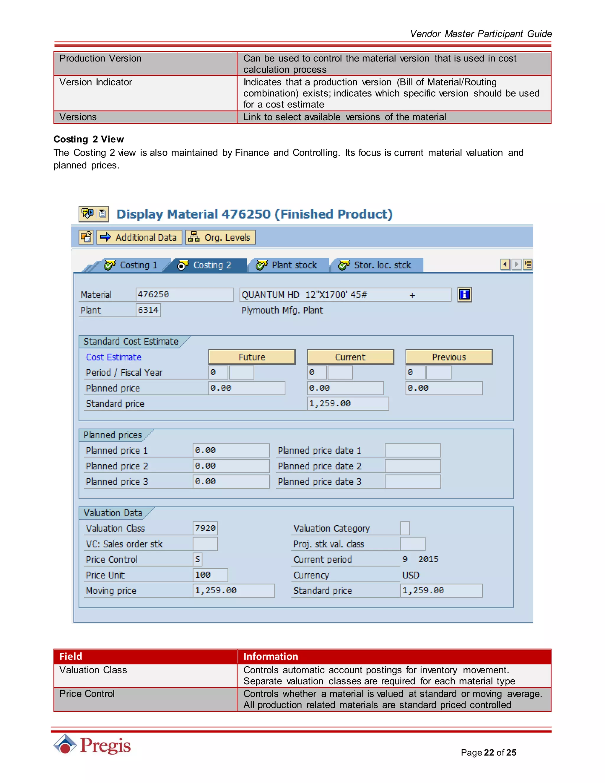 Vendor Master Participant Guide
Page 22 of 25
Production Version Can be used to control the material version that is used in cost
calculation process
Version Indicator Indicates that a production version (Bill of Material/Routing
combination) exists; indicates which specific version should be used
for a cost estimate
Versions Link to select available versions of the material
Costing 2 View
The Costing 2 view is also maintained by Finance and Controlling. Its focus is current material valuation and
planned prices.
Field Information
Valuation Class Controls automatic account postings for inventory movement.
Separate valuation classes are required for each material type
Price Control Controls whether a material is valued at standard or moving average.
All production related materials are standard priced controlled
 