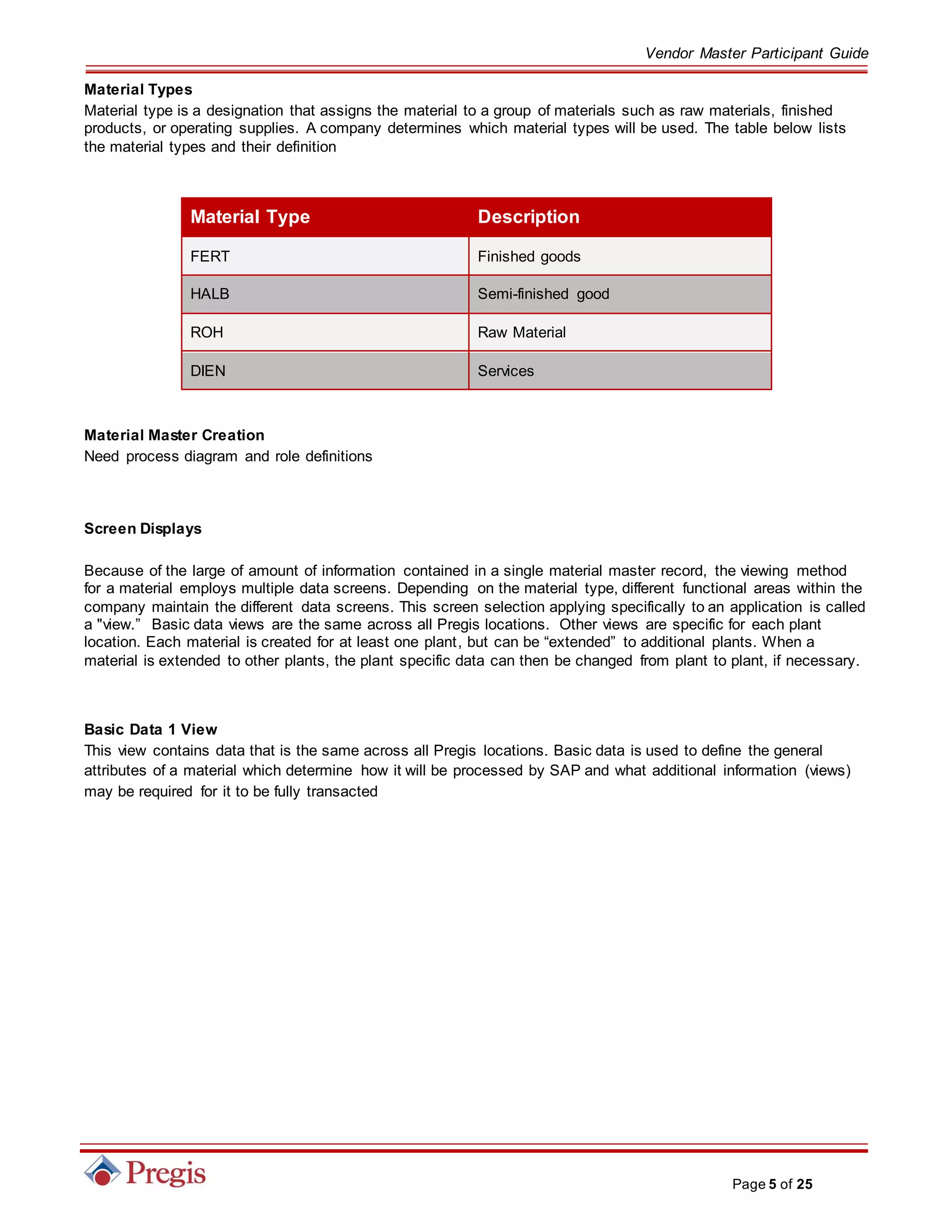 Vendor Master Participant Guide
Page 5 of 25
Material Types
Material type is a designation that assigns the material to a group of materials such as raw materials, finished
products, or operating supplies. A company determines which material types will be used. The table below lists
the material types and their definition
Material Type Description
FERT Finished goods
HALB Semi-finished good
ROH Raw Material
DIEN Services
Material Master Creation
Need process diagram and role definitions
Screen Displays
Because of the large of amount of information contained in a single material master record, the viewing method
for a material employs multiple data screens. Depending on the material type, different functional areas within the
company maintain the different data screens. This screen selection applying specifically to an application is called
a "view.” Basic data views are the same across all Pregis locations. Other views are specific for each plant
location. Each material is created for at least one plant, but can be “extended” to additional plants. When a
material is extended to other plants, the plant specific data can then be changed from plant to plant, if necessary.
Basic Data 1 View
This view contains data that is the same across all Pregis locations. Basic data is used to define the general
attributes of a material which determine how it will be processed by SAP and what additional information (views)
may be required for it to be fully transacted
 