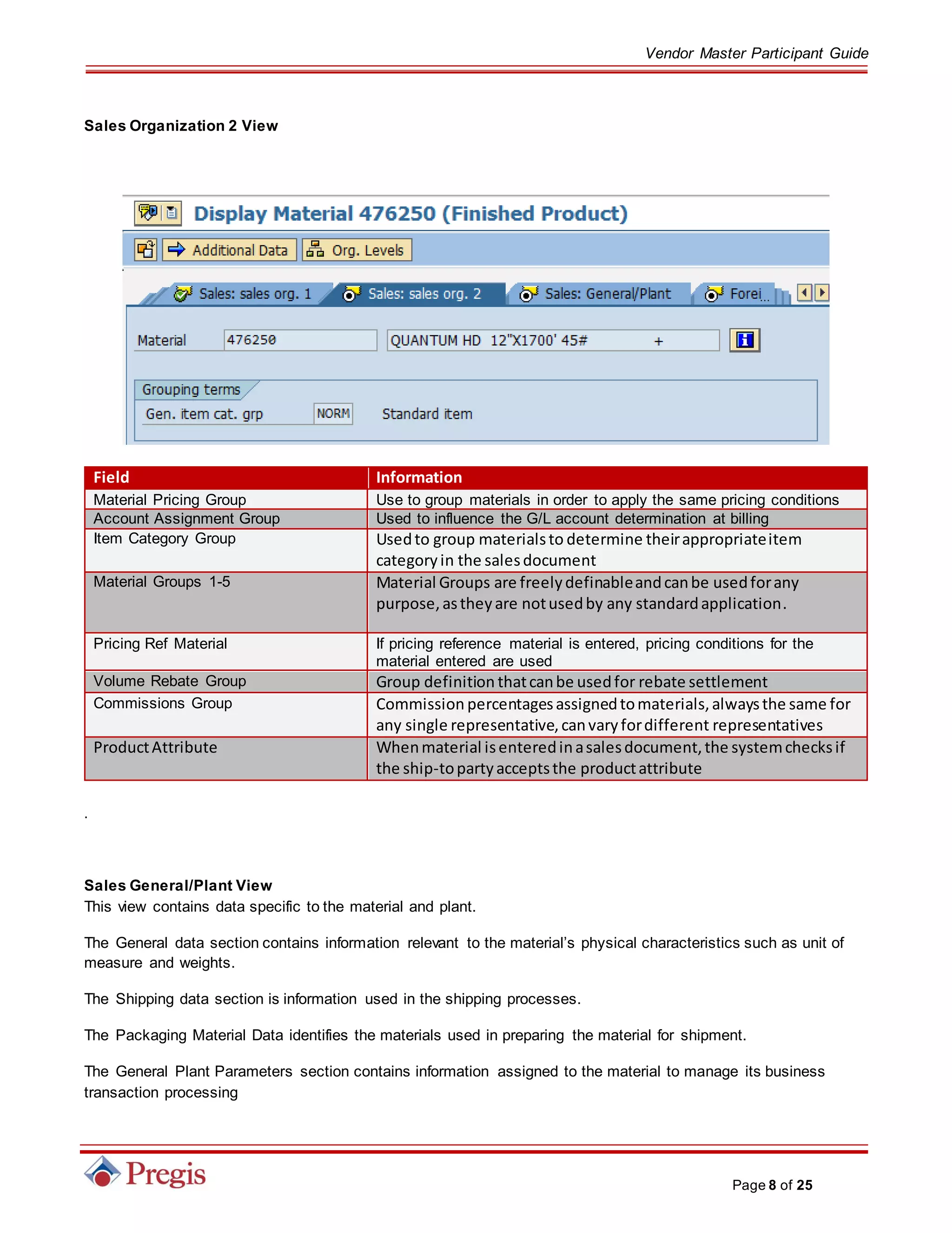 Vendor Master Participant Guide
Page 8 of 25
Sales Organization 2 View
Field Information
Material Pricing Group Use to group materials in order to apply the same pricing conditions
Account Assignment Group Used to influence the G/L account determination at billing
Item Category Group Usedto group materialsto determine theirappropriateitem
categoryin the salesdocument
Material Groups 1-5 Material Groups are freelydefinableandcanbe usedforany
purpose,astheyare notusedby any standardapplication.
Pricing Ref Material If pricing reference material is entered, pricing conditions for the
material entered are used
Volume Rebate Group Group definition thatcanbe usedfor rebate settlement
Commissions Group Commission percentagesassignedtomaterials,alwaysthe same for
any single representative,canvaryfordifferent representatives
ProductAttribute Whenmaterial isenteredinasalesdocument,the systemchecksif
the ship-topartyacceptsthe productattribute
.
Sales General/Plant View
This view contains data specific to the material and plant.
The General data section contains information relevant to the material’s physical characteristics such as unit of
measure and weights.
The Shipping data section is information used in the shipping processes.
The Packaging Material Data identifies the materials used in preparing the material for shipment.
The General Plant Parameters section contains information assigned to the material to manage its business
transaction processing
 