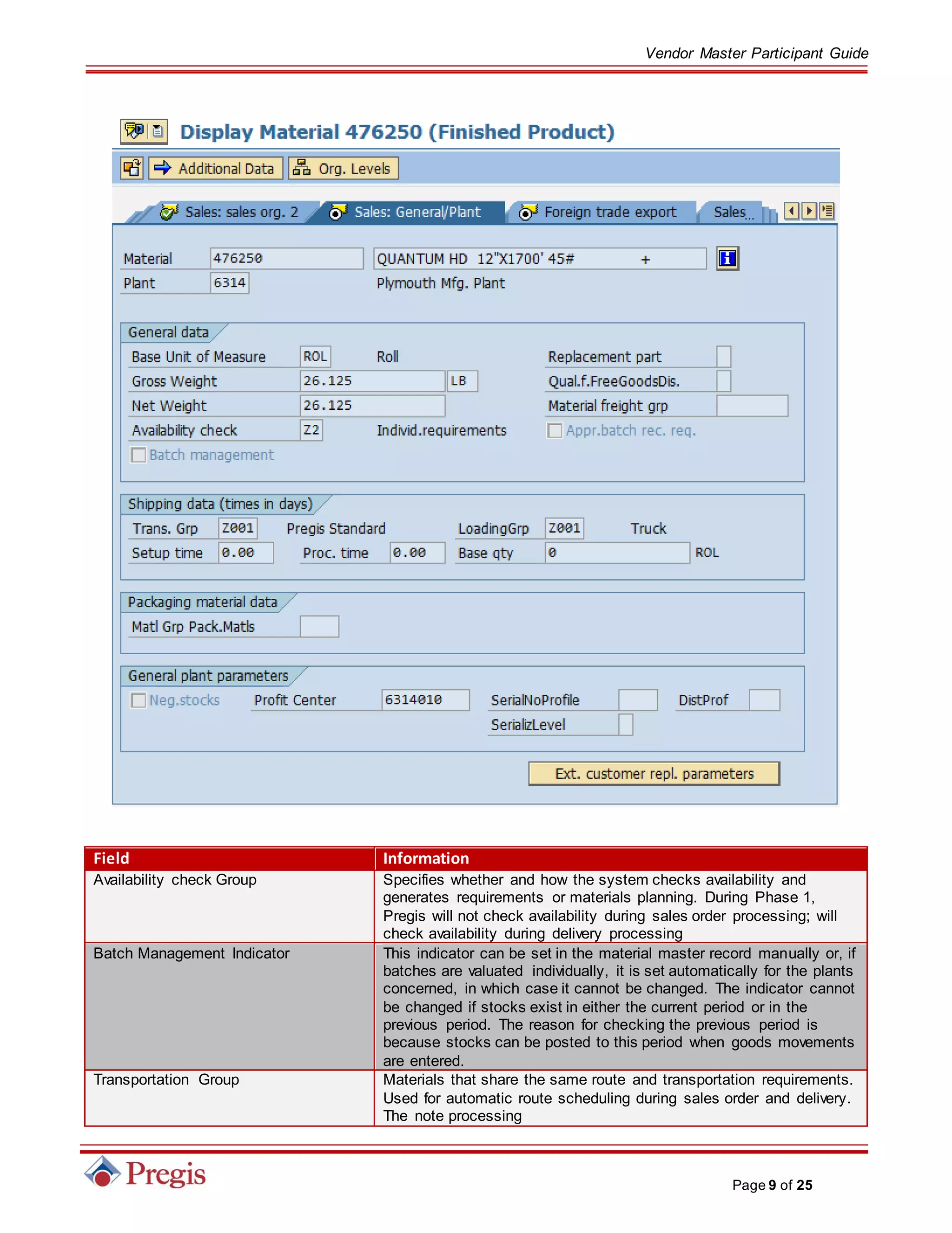 Vendor Master Participant Guide
Page 9 of 25
Field Information
Availability check Group Specifies whether and how the system checks availability and
generates requirements or materials planning. During Phase 1,
Pregis will not check availability during sales order processing; will
check availability during delivery processing
Batch Management Indicator This indicator can be set in the material master record manually or, if
batches are valuated individually, it is set automatically for the plants
concerned, in which case it cannot be changed. The indicator cannot
be changed if stocks exist in either the current period or in the
previous period. The reason for checking the previous period is
because stocks can be posted to this period when goods movements
are entered.
Transportation Group Materials that share the same route and transportation requirements.
Used for automatic route scheduling during sales order and delivery.
The note processing
 