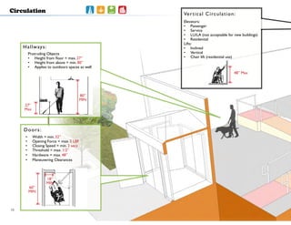 Hallways:
Protruding Objects
•	 Height from floor = max. 27”
•	 Height from above = min. 80”
•	 Applies to outdoors spaces as well
Doors:
Vertical Circulation:
Elevators:
•	 Passenger
•	 Service
•	 LU/LA (not acceptable for new buildings)
•	 Residential
Lifts:
•	 Inclined
•	 Vertical
•	 Chair lift (residential use)
Circulation
60”
MIN
18”
MIN
80”
MIN
27”
Max
48” Max
•	 Width = min. 32”
•	 Opening Force = max. 5 LBF
•	 Closing Speed = min. 3 secs
•	 Threshold = max. 1/2”
•	 Hardware = max. 48”
•	 Maneuvering Clearances
10
 