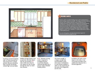 A shallow sink with a drain
closer to the side or rear
of the basin provides more
usable knee clearance for a
forward approach.
The ‘work triangle’ is
a design concept that
accommodates cooks,
even those in wheelchairs
or with limited mobility. It
refers to the positioning of
the stove, the refrigerator,
and the sink.
Cooktop controls should be
side- or front-mounted for
easy access from a seated
position. Buttons should be
easy to grasp and should
include high contrast labels.
A 60” diameter turning
circle is required in
U-shaped kitchens
to provide adequate
maneuvering space for a
person using a wheeled
mobility device.
Shallow storage closets, such
as pantries, may have doors
that do not provide a 32”
clear width since they do
not require he user to pass
through the door to reach
the contents.
60”
34” MAX
LOWEST
SHELF
48”
27” MIN
Residential and Public
*Kitchens within accessible dwelling units as well as kitchenettes in
public buildings, should be accessible. The design of kitchens usable by
a person with a disability demands careful consideration and
thoughtful planning. Careful location of appliances, plumbing fixtures
and cabinetry is essential to achieve the required maneuvering
clearances and clear floor spaces that are required in an accessible
and functional kitchen. Careful design will produce a kitchen that
provides an accessible and functionally efficient layout that is easily
usable by a person with a disability or mobility impairment, as well as
an able-bodied person.
For more information, visit http://www.huduser.org/portal/
publications/pdf/fairhousing/fairch7.pdf.
MORE INFOMORE INFO
15
 