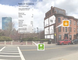 Table of Contents
What is Inclusive Design?	 4
History of Accessibility Laws
and Regulations in the U.S.	 5
Exterior
Site Arrival Points 6
Parking7
Entrances8-9
Interior
Circulation10-11
Bathrooms		 12-13
Kitchens	 14-15
Common Use Areas	 16
Bedrooms		 17
Resources for Other
Spaces and Facilities 18
AccessibilityTerms Glossary 19
 