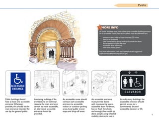 Public buildings should
have at least one accessible
entrance.Wherever
possible, this should be the
main entrance intended for
use by the general public.
In existing buildings, if for
architectural or technical
reasons the main entrance
cannot be made accessible,
an alternative accessible
entrance should be
provided.
In multi-story buildings, the
accessible entrance should
permit access to a
conveniently located
accessible elevator or lift.
An accessible entrance
must provide doors
with maneuvering space,
accessible door hardware,
low or flush threshold,
and enough clear width to
allow people using wheeled
mobility devices to use it.
An accessible route should
connect each accessible
entrance to accessible
indoor or outdoor parking
areas, local public transit
stops and drop-off areas.
*All public buildings must have at least one accessible building entrance
on an accessible route. Main factors which must be addressed are:
•	 minimum clear width of open doorway 32 inches
•	 low or no threshold
•	 clear maneuvering space inside and outside the door,
•	 force needed to open the door
•	 accessible door hardware;
•	 safe door closing speed.
For more information, visit http://www.huduser.org/portal/
publications/pdf/fairhousing/fairch1.pdf.
MORE INFOMORE INFO
Public
9
 