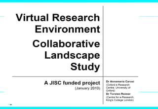 VRE
Virtual Research Environment
Community+Content+
Tools/Infrastructure
 