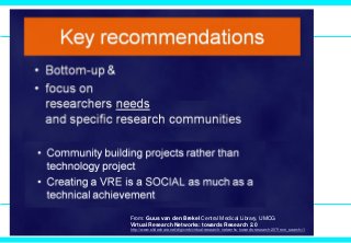 From: Guus van den Brekel Central Medical Library, UMCG
Virtual Research Networks: towards Research 2.0
http://www.slideshare.net/digicmb/virtual-research-networks-towards-research-20?from_search=1
 