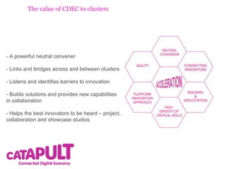 The Bristol opportunity
Supply of
specialist
higher level
skills and
R&D

- Bristol is a significant creative
and media cluster
- Potential for collaborative
projects that CDEC could support,
which link R&D or new challenges
(from uni’ and bus’) with the
creative and tech innovator base
- Opportunities which build on
Bristol as a creative city linking
creative and media innovators with
challenges faced in healthcare
and/or cities
- For example: Could new
pervasive media platforms and
hyper local services be developed
to provide better preventative
healthcare solutions in Bristol,
which would be open to innovators
and improve quality of life?

Established
anchor
businesses

Critical mass
of creative
people
A shared and
linked vision
between key
stakeholders

Mixed,
complimentary
sectors

Start-up scene
and support
Access to
connectivity
and
infrastructure

 