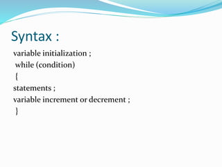 Syntax :
variable initialization ;
while (condition)
{
statements ;
variable increment or decrement ;
}
 