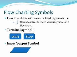Flow Charting Symbols
 Flow line: A line with an arrow head represents the
flow of control between various symbols in a
flow chart.
• Terminal symbol:
• Input/output Symbol
start Stop
 