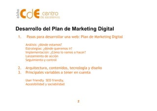 Desarrollo del Plan de Marketing Digital
1. Pasos para desarrollar una web: Plan de Marketing Digital
Análisis: ¿dónde est...