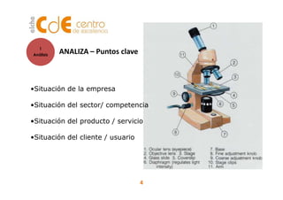 •Situación de la empresa
1
Análisis
ANALIZA – Puntos clave
4
•Situación del sector/ competencia
•Situación del producto / ...