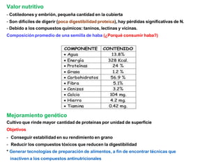Valor nutritivo
- Cotiledones y embrión, pequeña cantidad en la cubierta
- Son difíciles de digerir (poca digestibilidad proteica), hay pérdidas significativas de N.
- Debido a los compuestos químicos: taninos, lectinas y vicinas.
Composición promedio de una semilla de haba (¿Porqué consumir haba?)
Mejoramiento genético
Cultivo que rinde mayor cantidad de proteínas por unidad de superficie
Objetivos
- Conseguir estabilidad en su rendimiento en grano
- Reducir los compuestos tóxicos que reducen la digestibilidad
* Generar tecnologías de preparación de alimentos, a fin de encontrar técnicas que
inactiven a los compuestos antinutricionales
 