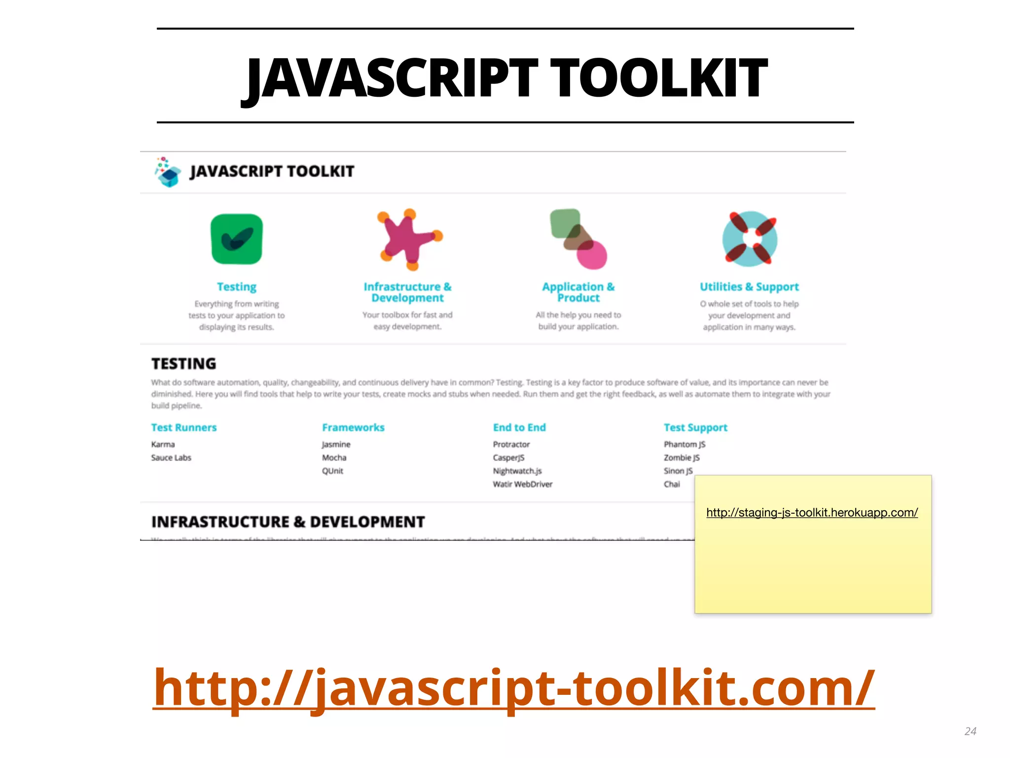 JAVASCRIPT TOOLKIT 24 http://javascript-toolkit.com/ http://staging-js-toolkit.herokuapp.com/ 